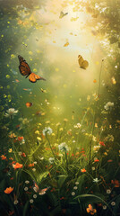 A panoramic view of a lush green meadow bathed in sunlight, with butterflies flitting among the grass, their graceful movements adding a touch of whimsy to the serene landscape.