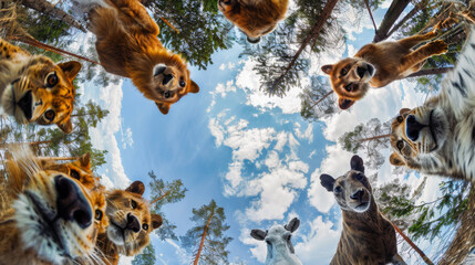 Bottom view of wild forest animals standing in a circle against the sky. An unusual look at animals. Animal looking at camera