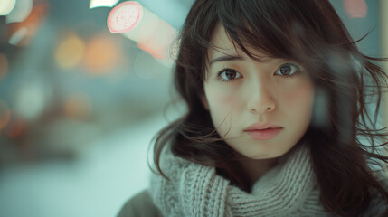 Close-up of a young woman with a scarf, with soft bokeh lights in the background.
