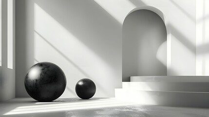 Minimalist Black Spheres in White Architectural Space Ai generated