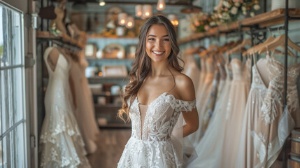 Naklejka premium A radiant bride-to-be in a bridal store trying on a white, lace wedding dress, smiling cheerfully with wedding gowns hanging in the background under warm ambient lighting.