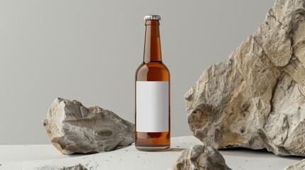 mock up,Unbranded amber beer bottle with a blank label, poised on rugged stone. Neutral background highlights a potential for customization, conveying an idea of exclusivity and craft.