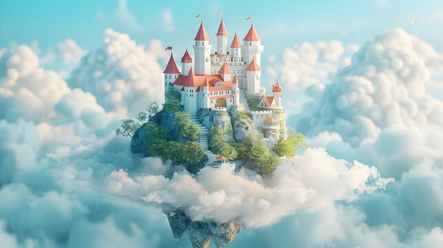 Storybook Castle Floating on a Cloud Island Ai generated