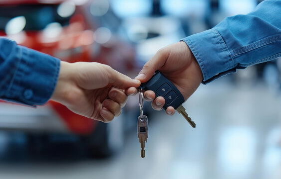 Mechanic car dealer giving car key to customer for finished car service fix problem or auto sell deal