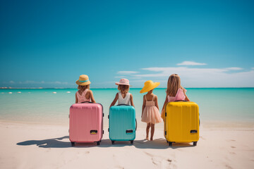 Group of children on the beach with suitcases on a sunny day