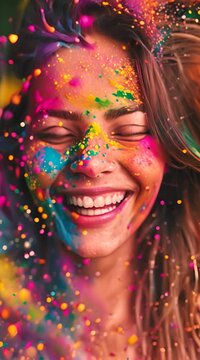 portrait happy smiling girl celebrating holi festival, colorful face, vibrant powder paint explosion, joyous festival 4K Video