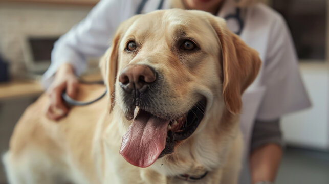 Close-up of a happy golden retriever with its tongue out sitting at a vet's office, with a blurred background featuring a veterinarian holding a stethoscope.