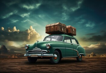 Fototapeta premium The whimsical illustration depicts a classic retro car cruising down a scenic road, laden with suitcases secured on the roof, as a family embarks on an exciting road trip adventure.