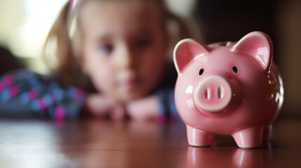 Blurred shot of little girl throwing coin into piggy bank 