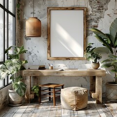 Wooden desk in a room with boho-style white natural colors on the wall, a mockup frame for pictures