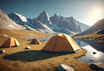Tourist camp in the mountains, tent in the foreground. AI generated - obrazy, fototapety, plakaty
