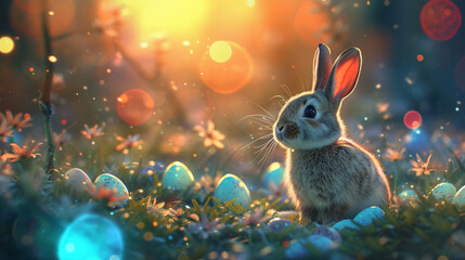 A playful Easter bunny surrounded by a field of glowing, luminescent eggs, creating a magical and enchanting scene that evokes the spirit of wonder.