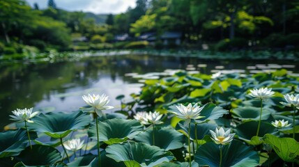 Beautiful white lotus flowers on the water. AI generated images