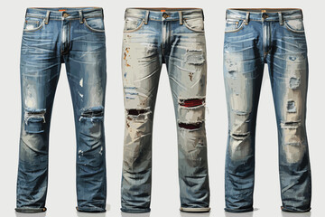 Set of empty blank jeans pants in different poses isolated on a white background. - obrazy, fototapety, plakaty