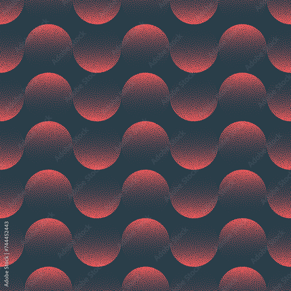 Poster red circles wavy structure seamless pattern trend vector abstract background. half tone art illustra