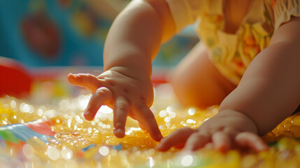 A playful high-definition moment featuring a baby exploring a sensory play area, their hands reaching out to touch different textures with an expression of curiosity.
