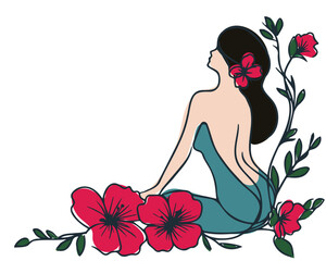 Romantic Girl Sitting with Her Back in Flowers. Harmony of Human and Nature. Vector Corner Illustration with Space for Text. A minimalist line art