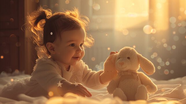 A playful image capturing the joy of a baby playing with a soft toy, their tiny hands reaching out in delight, creating a visually enchanting and heartwarming scene.