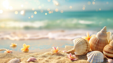 sea shells and starfish on sand on the sandy beach. Summer background