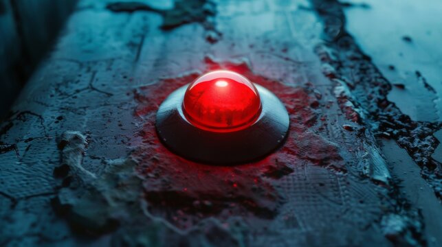 Red button on dark concrete background. Press and start