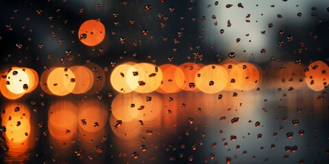 Rainy window with glowing redorange heart symbol water droplets scattered around. Concept Rainy Days, Heart Symbol, Window View, Water Droplets, Red-Orange Glow