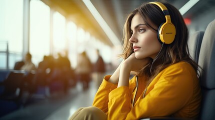 Young woman with a sad face listens to music in airport lounge. Ai Generated.