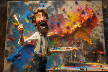 3D render of a cartoon caricature of an ecstatic painter, with a palette and brush, in front of a whimsical canvas. - obrazy, fototapety, plakaty