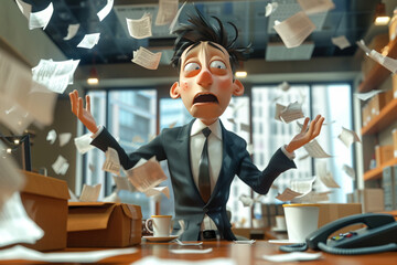 Animated 3D caricature of an overwhelmed businessman surrounded by flying papers, huge coffee cup, and ringing phones, comic exaggeration of busyness.