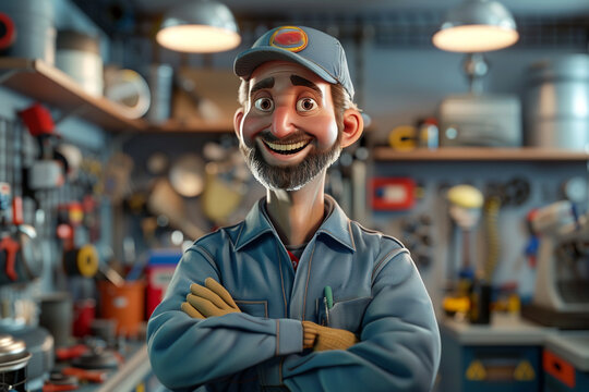 3D render of a cartoon caricature of a smiling mechanic.