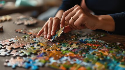 An Asian woman engaged in the task of putting together a challenging puzzle. Ai Generated.