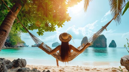 Asian woman unwinding in a hammock, paradise island getaway. Blissful escape. Ai Generated - obrazy, fototapety, plakaty