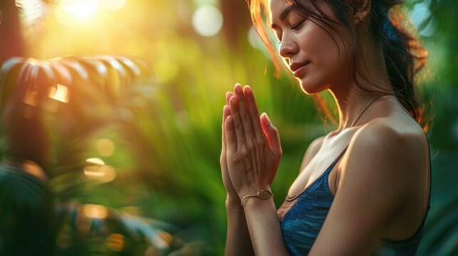 Serene Asian woman in yoga pose, hands together in prayer. Tranquil moment. Ai Generated