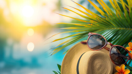 A hat and sunglasses on a beach with palm leaves framing a sunny seascape
