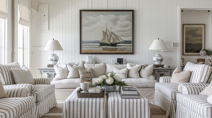 A serene and stylish living room adorned with striped white furniture, harmonized with coastal-inspired decor and a large picture frame above the couch, for a touch of timeless elegance.