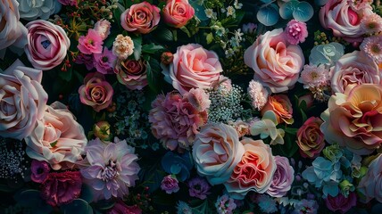 Obraz na płótnie Canvas Illustration AI horizontal lush floral arrangement with diverse blooms. Background and flowers.