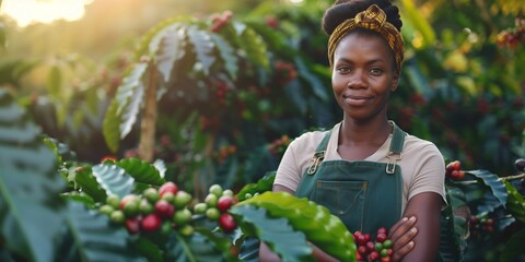 African american radiant coffee farmer stands amidst a lush plantation, her arms crossed in...