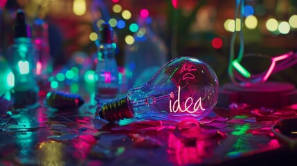 Light bulb concept and idea, neon lights, highlighting a lot, luminous, beautiful. - obrazy, fototapety, plakaty