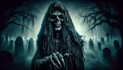 A closeup shot of a scary skeleton figure, draped in tattered black robes, with intricate silver jewelry glinting in the dim, otherworldly light - Generative AI