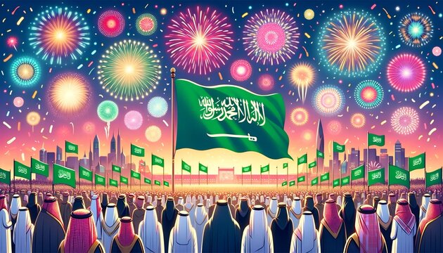 Cartoon illustration of a celebration saudi flag day with a scene of a crowd of people in traditional atire and fireworks.