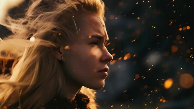 A side profile shot of a viking woman with a stern expression, her hair blowing in the wind and sparks flying around her head.