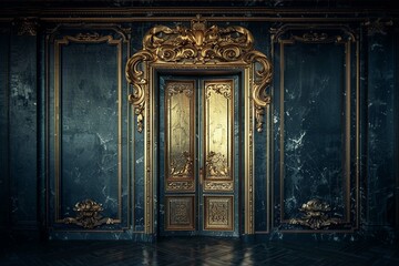 Beautiful gilded door, baroque style, in a gloomy mysterious corridor
