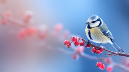 A beautiful blue tit sits on a frosty branch of a rowan tree on a sunny winter day