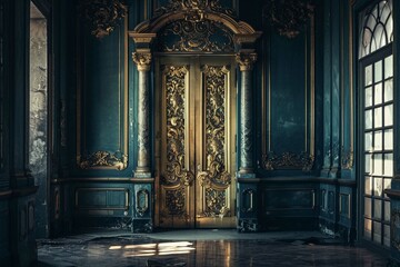 Beautiful gilded door, baroque style, in a gloomy mysterious corridor - obrazy, fototapety, plakaty
