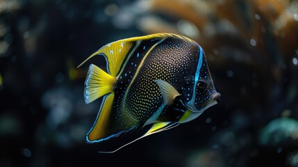 Fototapeta na wymiar Close-up of angelfish fish on black background in aquarium