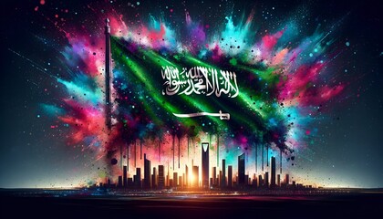 Illustration in splatter paint style celebrating saudi arabia's flag day.