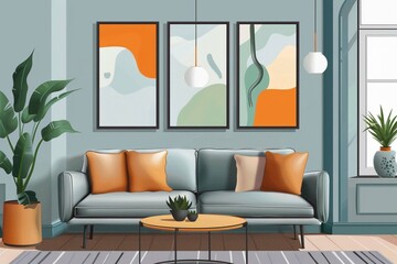 Cozy and elegance arrangement of living room interior with design sofa, stylish furniture, paintings, and personal accessories. Modern home decor