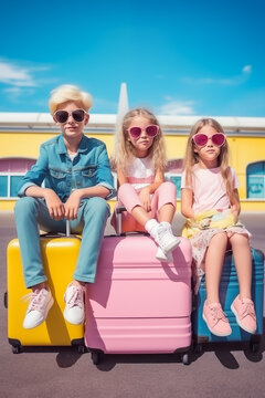 Three little children are sitting on suitcases ready to travel