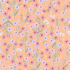 Cute floral pattern. Seamless vector texture. An elegant template for fashionable prints. Print with lilac and pink flowers on a corral background.