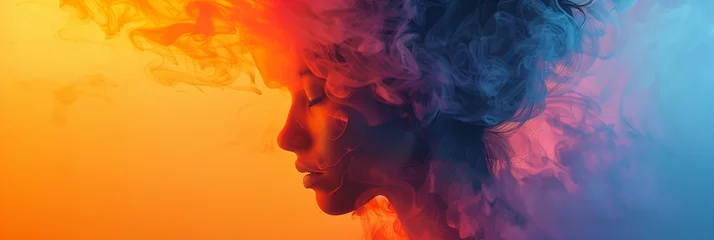 Fotobehang profile emerges from a mesmerizing blend of warm and cool smoke, symbolizing the dual nature of serenity and passion in a dance of color and light © Amonthep