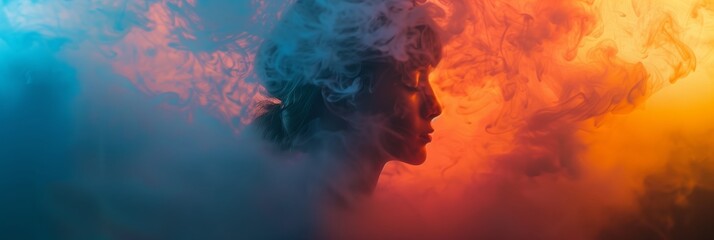 profile emerges from a mesmerizing blend of warm and cool smoke, symbolizing the dual nature of serenity and passion in a dance of color and light